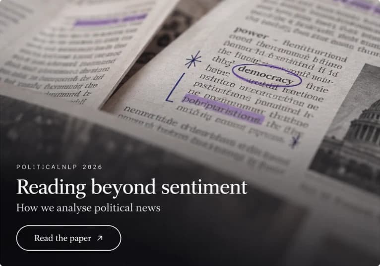 Reading beyond sentiment: how we analyse political news. A newspaper page with the word democracy circled in purple.