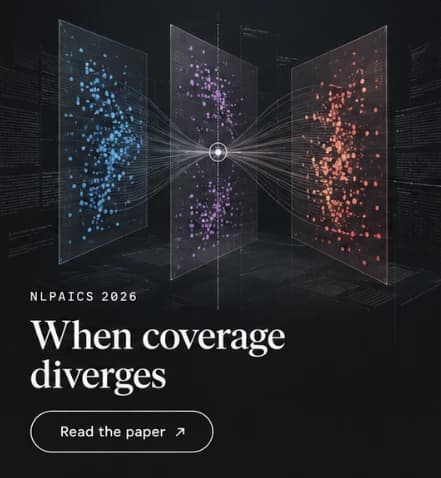 When coverage diverges. Three translucent panels of blue, purple and red points joined through a single centre.