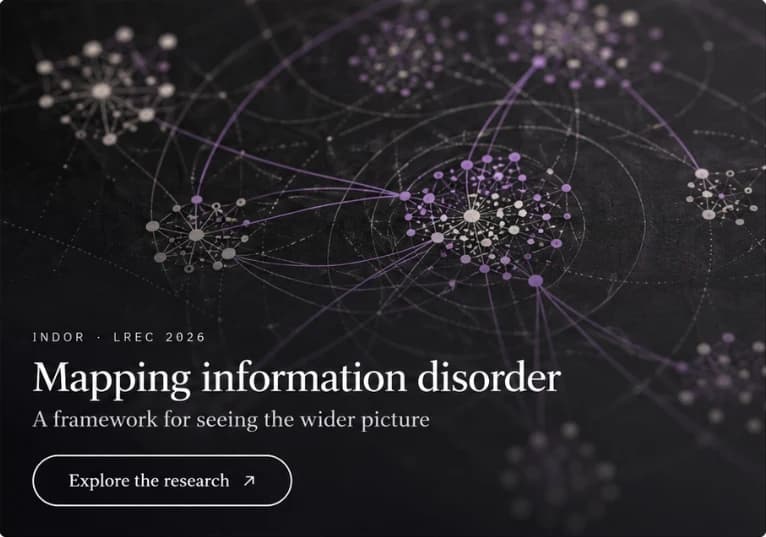 Mapping information disorder: a framework for seeing the wider picture. Clusters of connected nodes on a dark field.